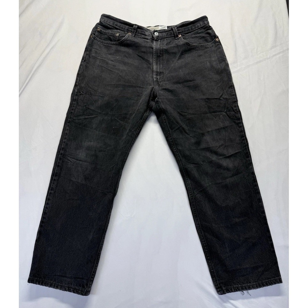 Levis 550 Black denim Jeans Mens 38x30 Relaxed fit Distressed Fray Casual Pant